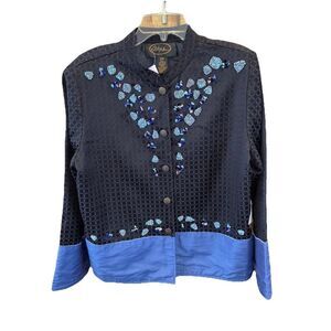 Alex Kim Beaded Jacket Women 2X Black Blue Buttons Lined NEW